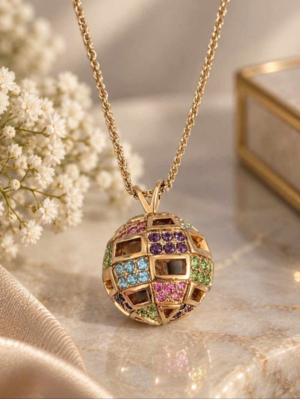 Vintage D'Orlan Signed Ball Pendant Necklace, 22K Gold plated, Handset Swarovski